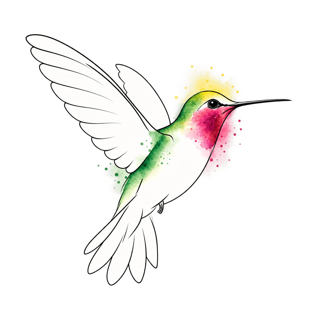 Ink line drawing of a hummingbird in flight, with splashes of rose, green and yellow watercolour