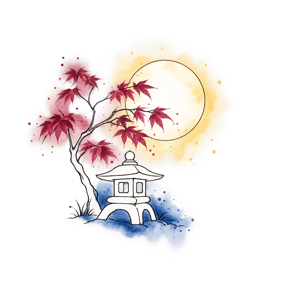 Ink line drawing of a stone lantern beside a Japanese maple under a full moon, with washes of gold, plum and blue
